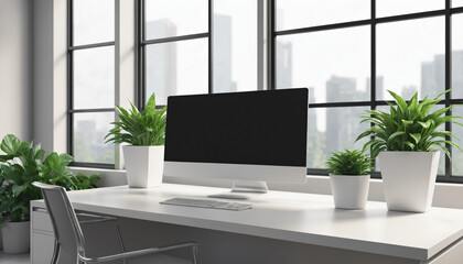 Computer monitor with empty blank screen on wooden table with keyboard and flowers, in the modern office with minimalistic design.