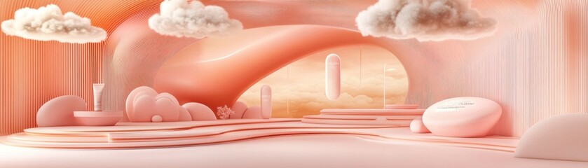Abstract peach room featuring clouds and product placement