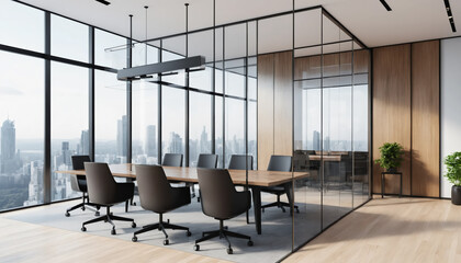 Modern conference room or office with large windows overlooking the city , modern furnitures, wooden wall and minimalist design.