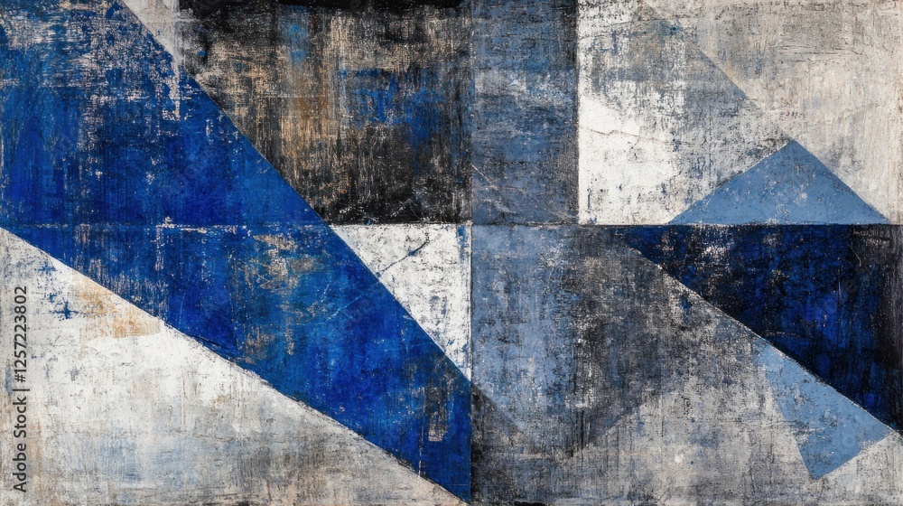 Poster abstract artwork displays geometric shapes and contrasting color palette