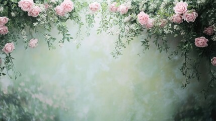Beautiful light pink roses with greenery hanging over soft background