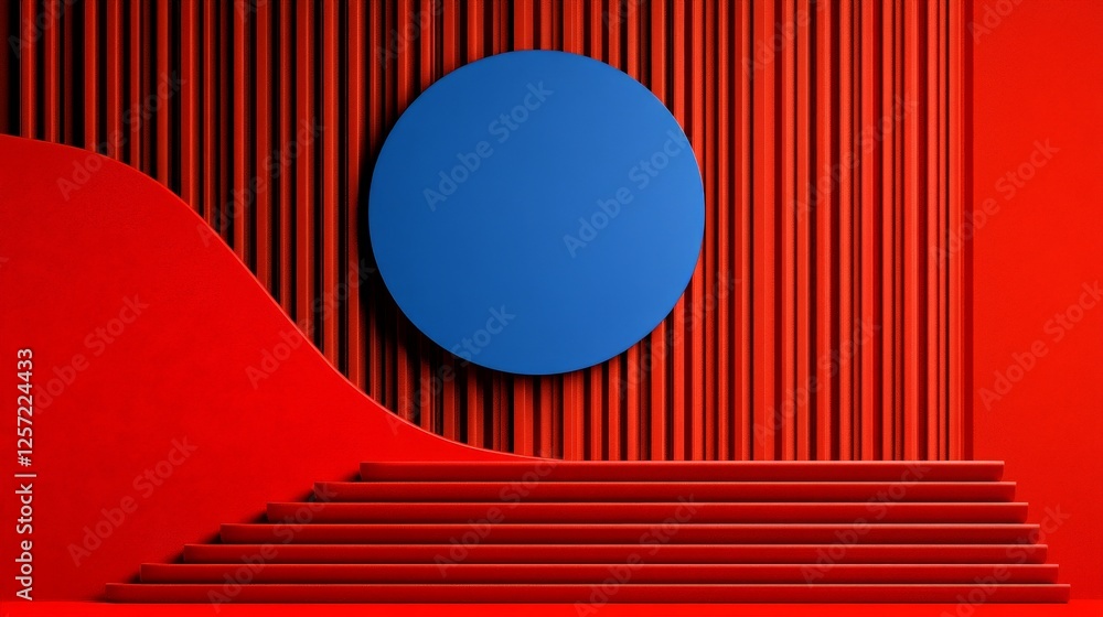 Poster abstract composition with blue circle on red background and steps