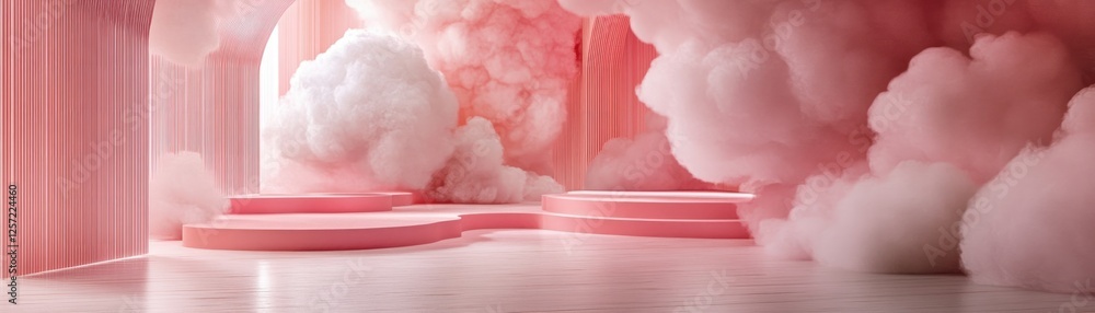 Poster abstract studio background with pink platform and cloud formations