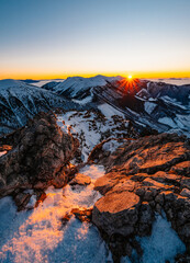 Fototapeta premium Winter hiking to Velky Rozsutec in Mala Fatra National park is full of beautiful views. Sunset in Slovakia mountains. Slovakia landscape