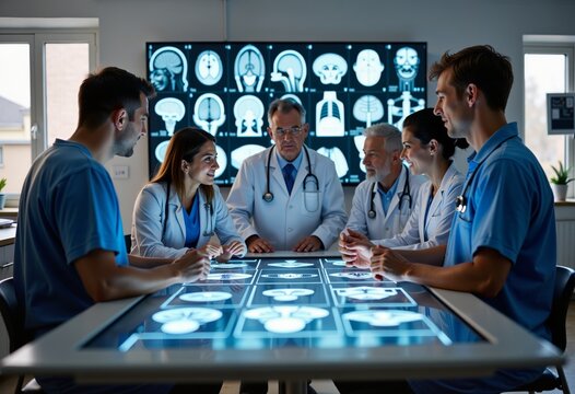Doctors team discussing x-ray data at meeting. Healthcare and medicine concept. Medical consulting and technology. For hospital, clinic, flyer, banner, poster, advertising.