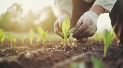 Nurturing New Life: A pair of hands gently tend to a young sprout in a fertile field, bathed in the golden light of dawn. A scene of growth, care, and the promise of abundance. 
