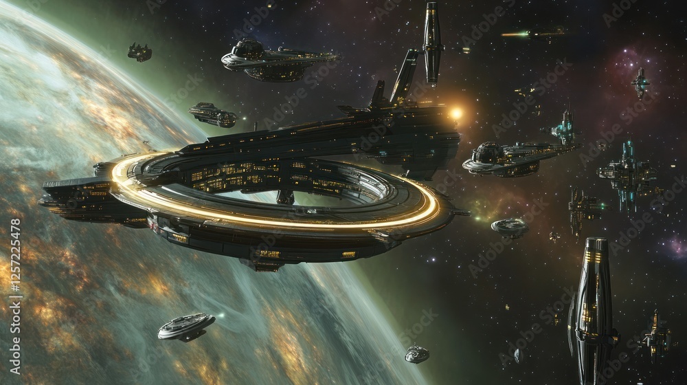 Poster spaceships around a ringed space station orbiting a planet