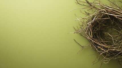Empty bird's nest on green background, spring concept