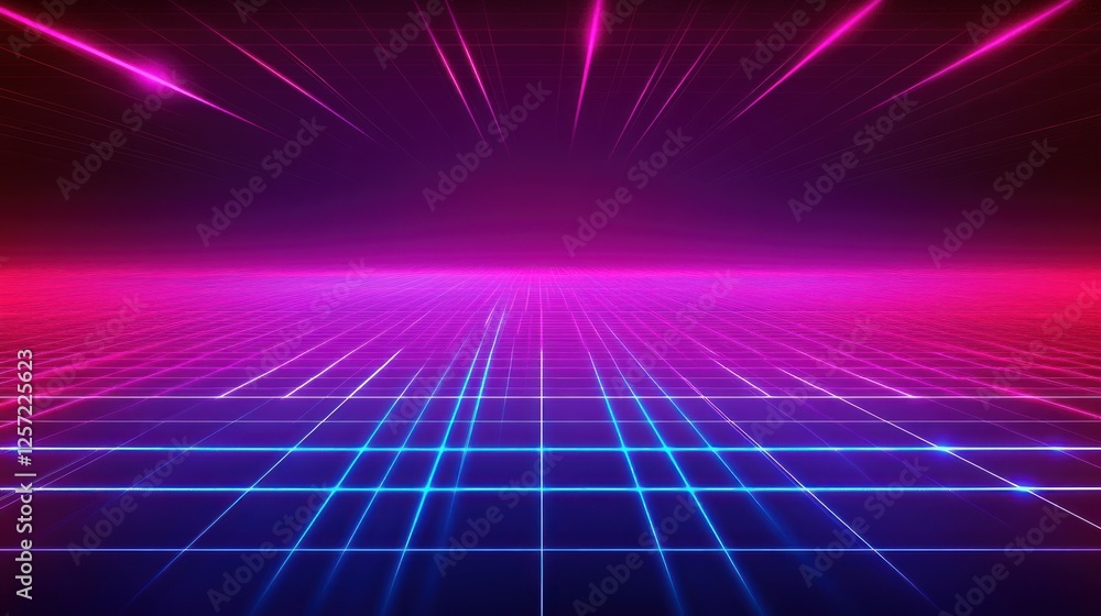 Poster Retro style background with neon grid and vibrant colors