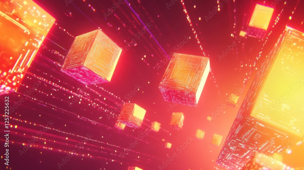 Poster Abstract futuristic cube pattern floating in a red bright space