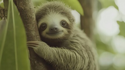 Fototapeta premium Adorable sloth clinging to a tree branch with lush green foliage in the background