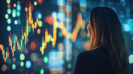 Woman observing financial data displayed on a large screen, illuminated by city lights at night.