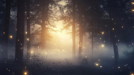 A forest background image showcasing A mystical forest with tall trees, misty air, and glowing fireflies creating an ethereal atmosphere