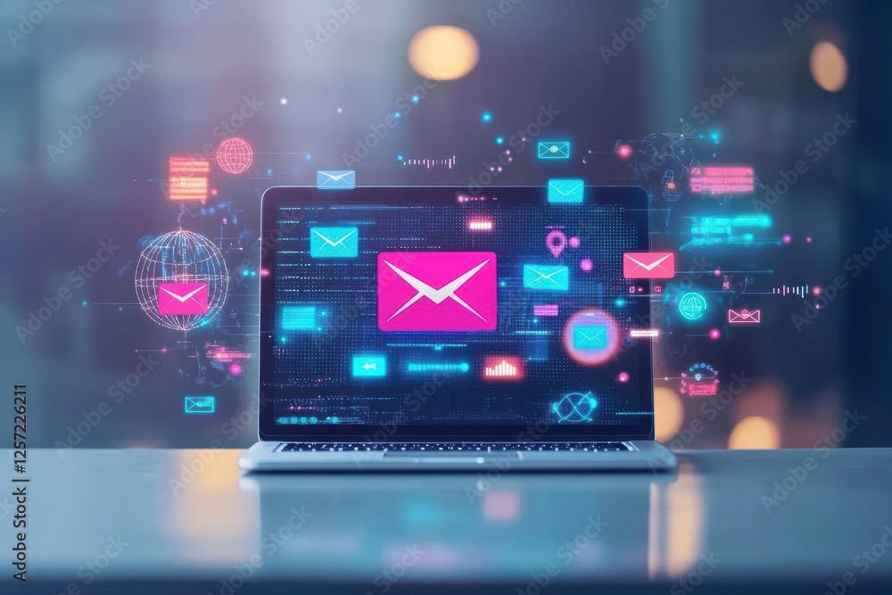 Leinwandbilder Laptop computer displaying a pink email icon on the screen in a modern workspace setting