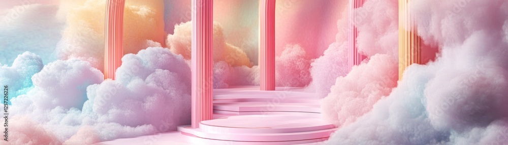 Poster dreamy pastel colored clouds surround a pink platform with columns