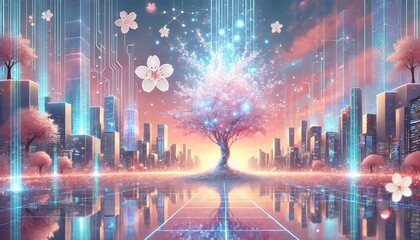 A breathtaking horizontal illustration of a serene futuristic cityscape with a glowing holographic cherry blossom tree, pastel colors, and a reflective glass-like ground