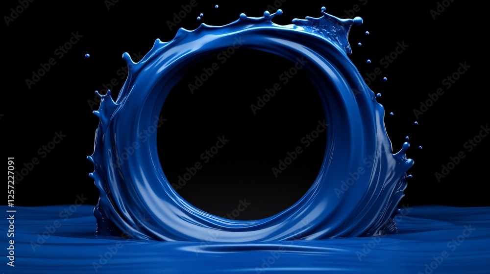 Poster blue liquid splash creating a unique circular shape on black background