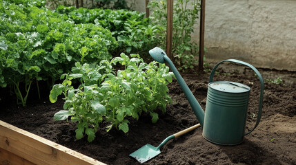 Backyard garden scene with watering can and sprinkler spout among green plants