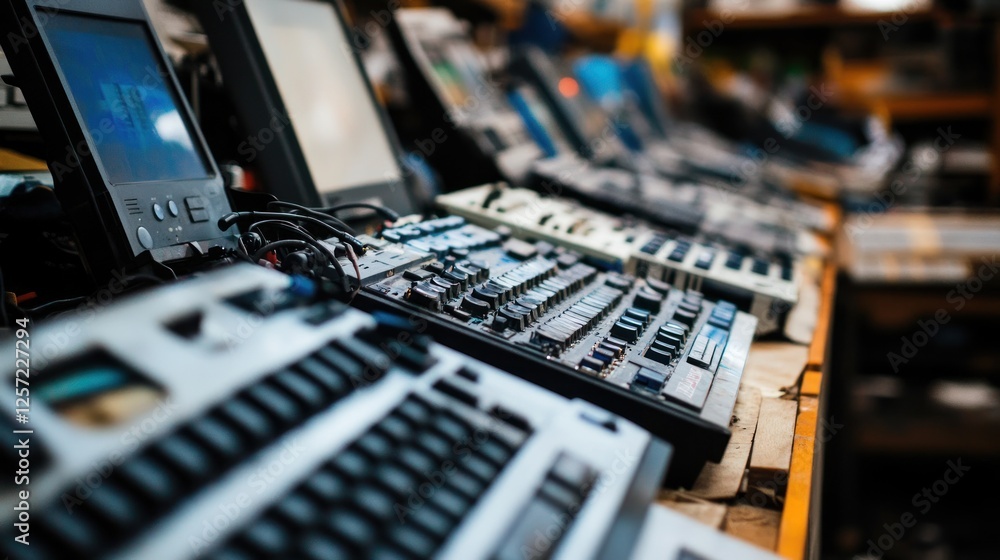 Poster rows of audio mixing consoles and computer screens arranged closely