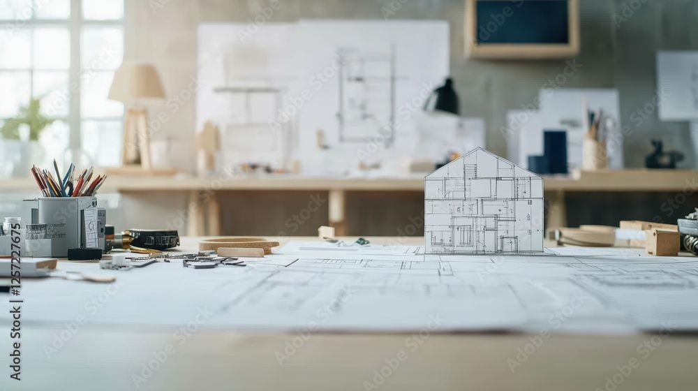 Poster Desk with a scale model of a house and architectural tools for design and planning projects