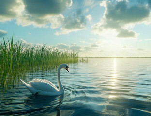 Fototapeta premium A swan gliding across the lake, surrounded by green grass and a bright blue sky with the sun shining through the clouds.