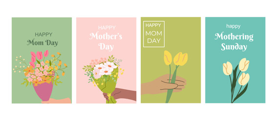 Mother's day and mothering sunday greeting card designs with floral bouquets.