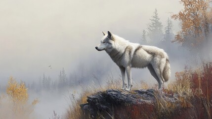 Obraz premium Lone white wolf stands attentively on a rocky overlook