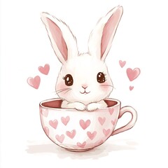 Adorable White Bunny Rabbit in Pink Heart Teacup Cute Watercolor Illustration Childrens Book Lovely Animal Design Kawaii Style Sweet Bunny Art Graphic