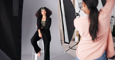 People, model or camera for photoshoot on set, collaboration and instructions for shooting. Women, female photographer and pictures for fashion magazine, aesthetic image and media agency backstage