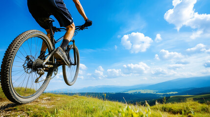 Fototapeta premium Mountain Biking Adventure: A mountain biker soars through the air on a rugged mountain trail.