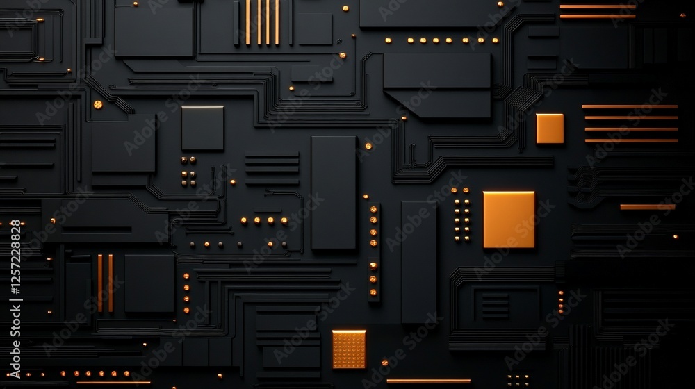 Poster dark circuit board pattern with orange accents and lines