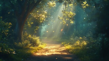 Obraz premium Magical Sunlit Forest Path Serene Nature Scene with Golden Light and Butterflies