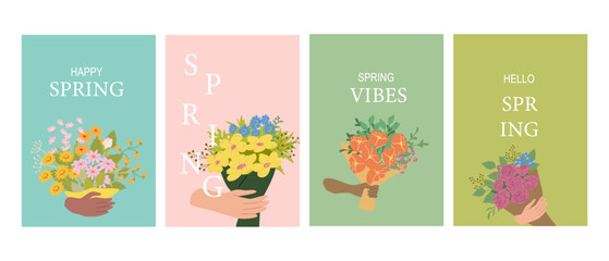Colorful spring flower bouquets held by diverse hands illustrations.