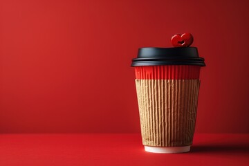Disposable coffee cup with lipstick mark on red background