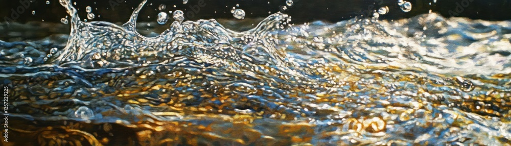 Poster Water splashes with dynamic energy and reflections in a dark background