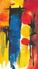 Fototapeta premium Abstract blue column, red yellow circles, vibrant artwork, modern art, decor