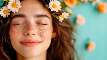 Naklejka premium A joyful young woman smiles with closed eyes, adorned with a floral crown and surrounded by delicate flowers against a vibrant background.