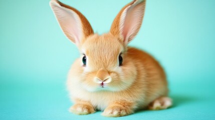 A light brown bunny sits on a light blue background