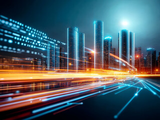Fototapeta premium A vibrant cityscape at night, featuring illuminated skyscrapers and dynamic light trails, showcasing a blend of technology and urban life.