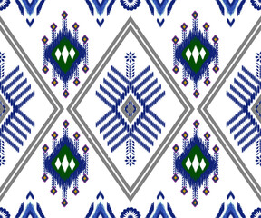This features geometric pattern with diamond shapes and intricate designs blue, green, and purple white background. symmetrical arrangement creates visually appealing and culturally inspired motif