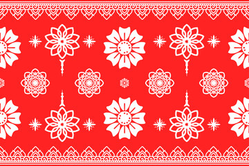 vibrant red background features intricate white floral pattern, showcasing symmetrical designs and decorative borders. repeating motifs create harmonious and elegant appearance, ideal for textiles