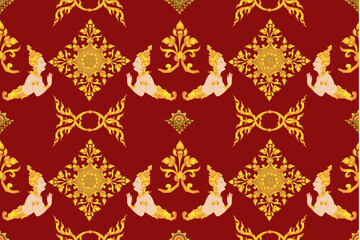 seamless pattern featuring traditional Thai motifs with intricate gold designs and figures on rich red background, showcasing cultural artistry