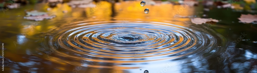 Poster water droplets create expanding circular ripples on a reflective surface