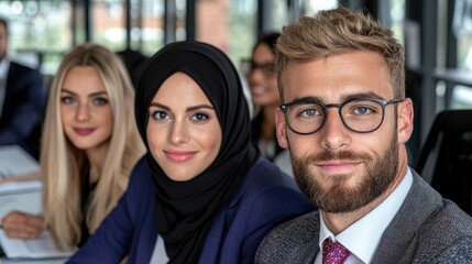 Business meeting, diverse colleagues, professional attire, focused on the future, corporate image, possible use in recruitment, company culture, business success