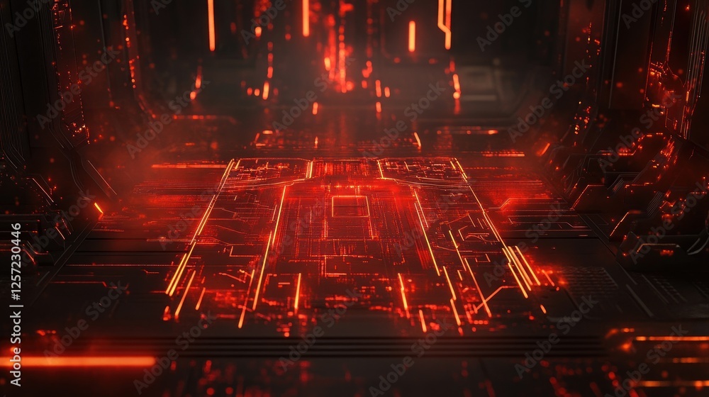 Poster futuristic glowing red circuit pathway illuminating a dark corridor