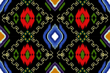 Colorful geometric pattern with red, green, and blue shapes on black background, creating vibrant and symmetrical design