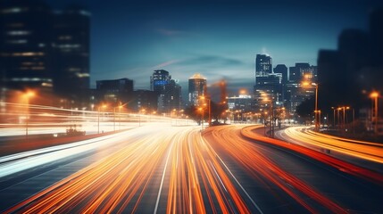 Obraz premium Dynamic Cityscape at Night Urban Highway with Light Trails and Modern Buildings