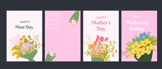 Mother's day greeting cards with floral designs celebrating mom day and mothering sunday.