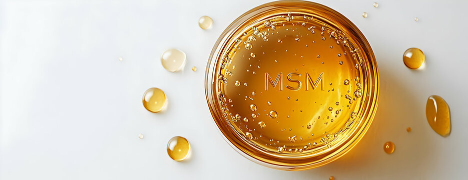 MSM supplement jar, drops, white background