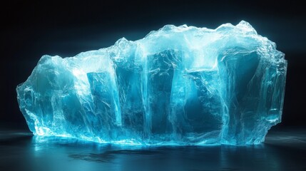 A large chunk of bright blue ice resting on surface